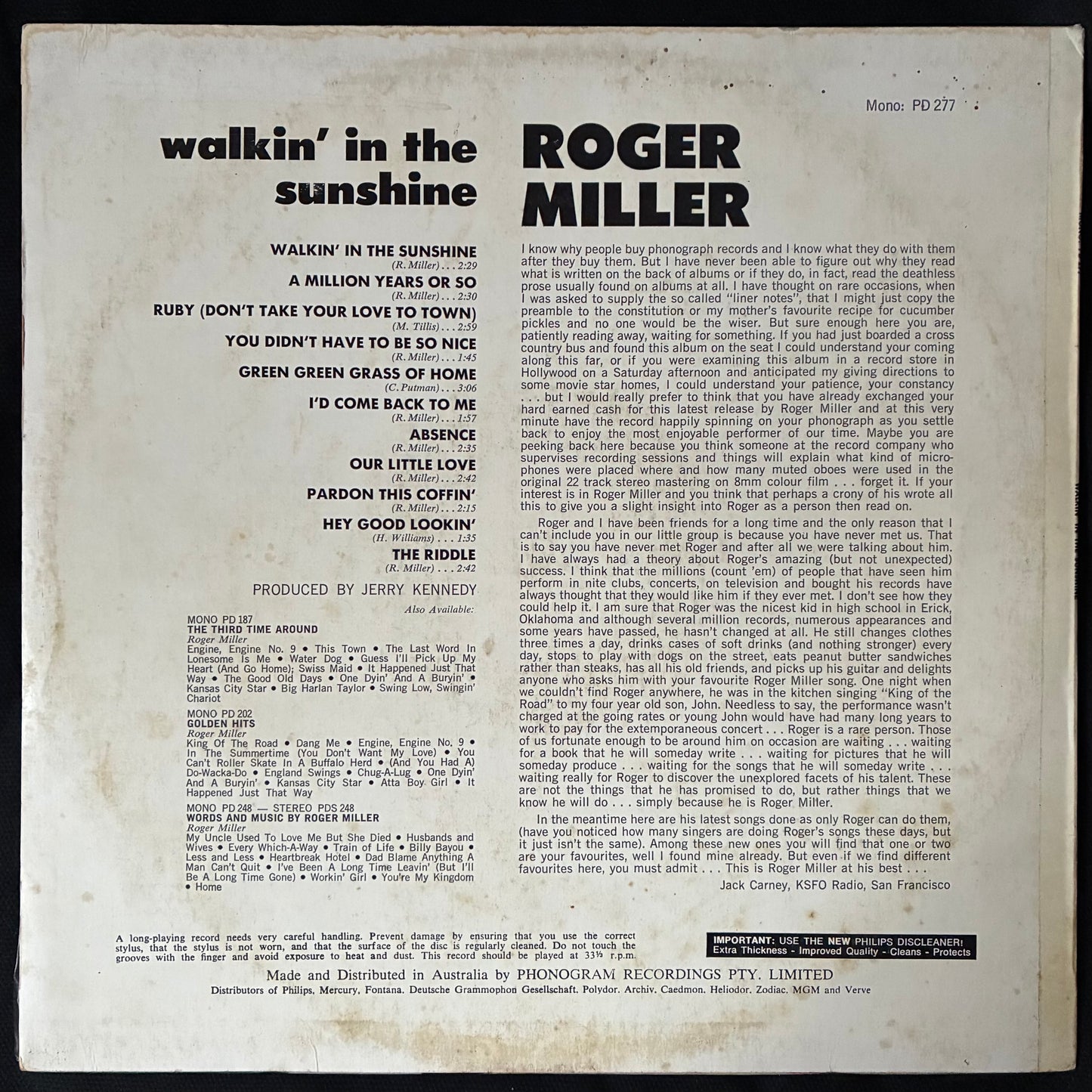 ROGER MILLER - WALKIN' IN THE SUNSHINE (USED VINYL 1967 AUS EX+/EX)