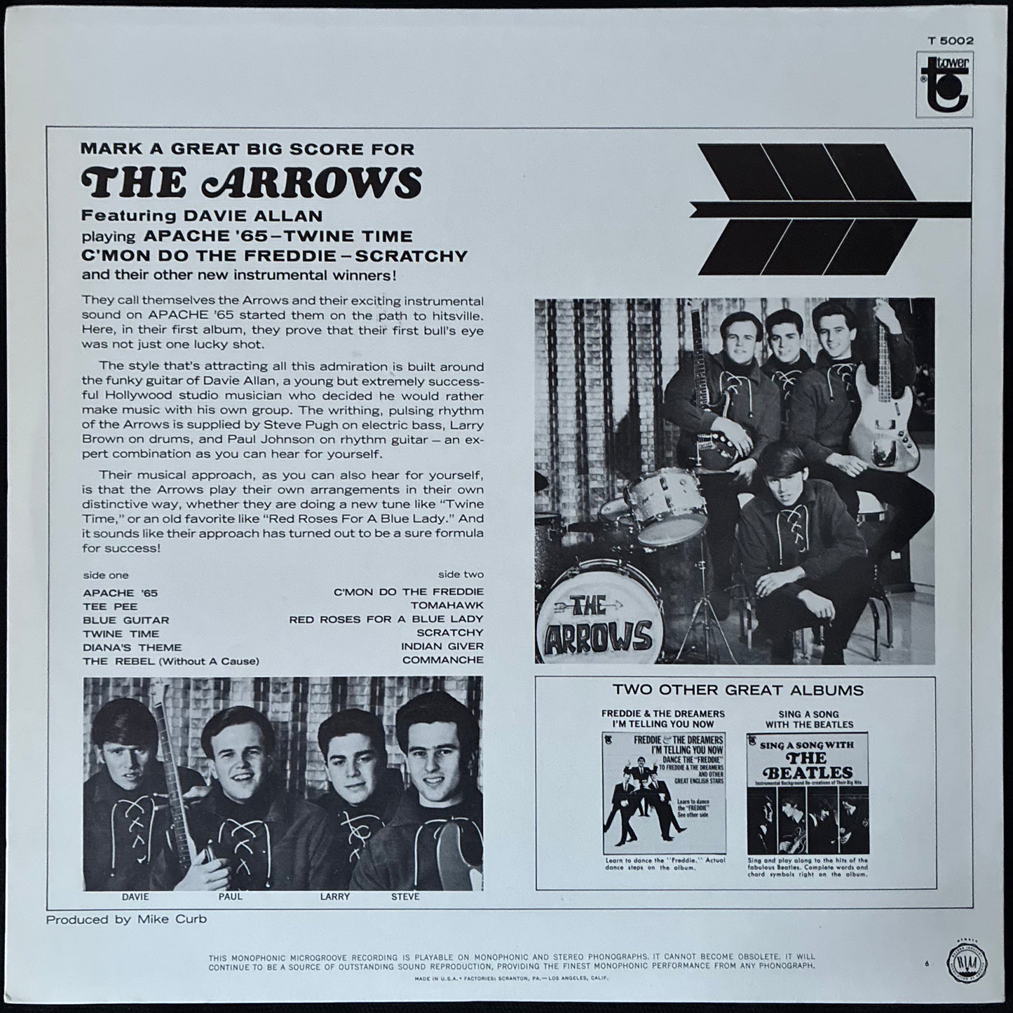 ARROWS - APACHE ‘65 C’MON DO THE FREDDIE SCRATCHY TWINE TIME (USED VINYL 1965 US M-/M-)