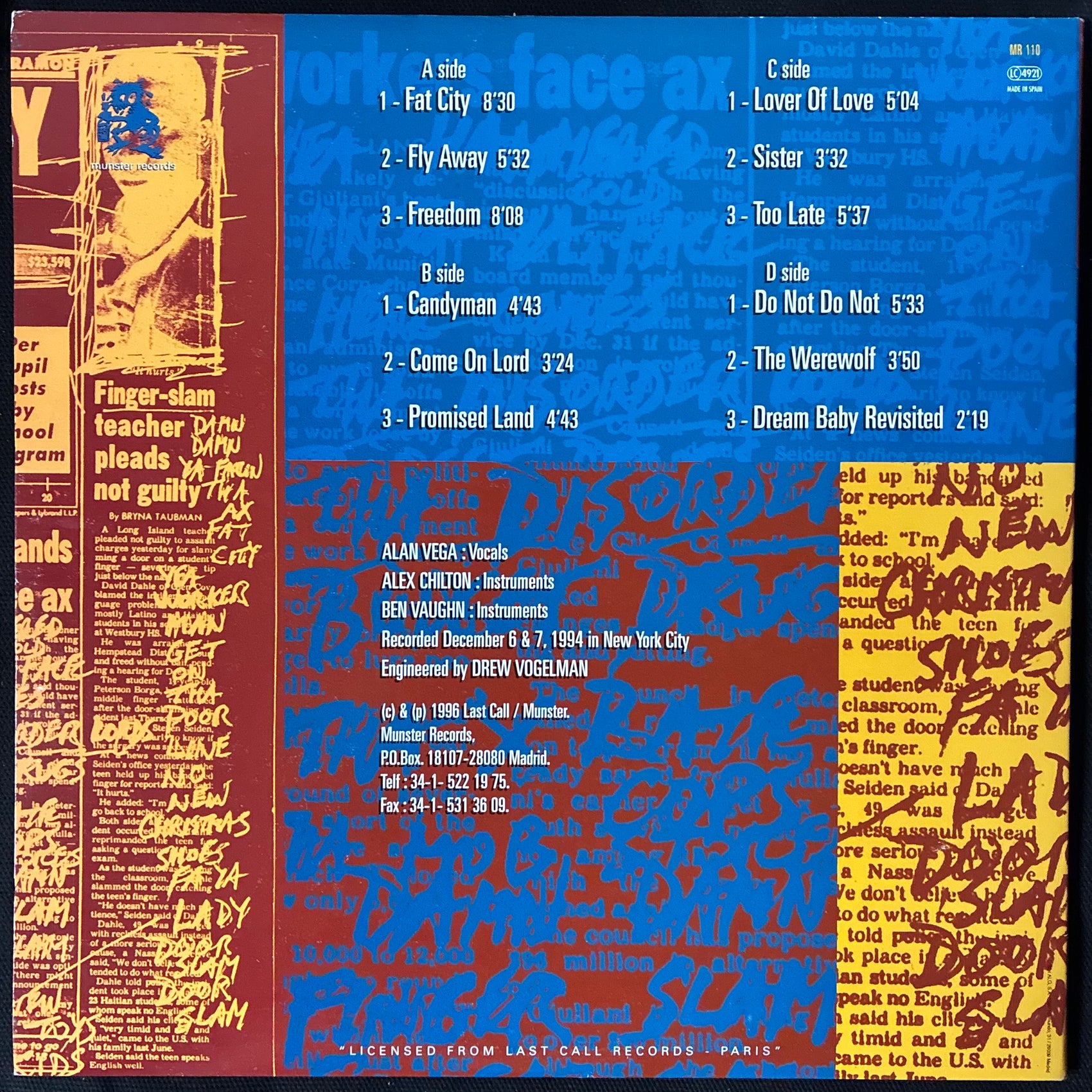 ALAN VEGA, ALEX CHILTON AND BEN VAUGHN - CUBIST BLUES (2LP) (USED VINYL 1996 SPAIN M-/EX+)