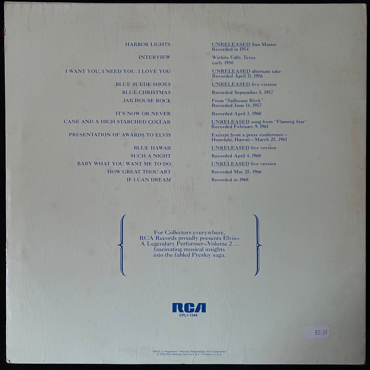 ELVIS PRESLEY - A LEGENDARY PERFORMER VOLUME 2 (USED VINYL 1976 US M-/EX)