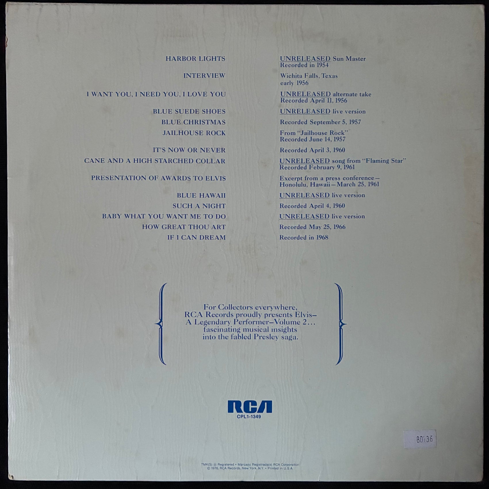 ELVIS PRESLEY - A LEGENDARY PERFORMER VOLUME 2 (USED VINYL 1976 US M-/EX)