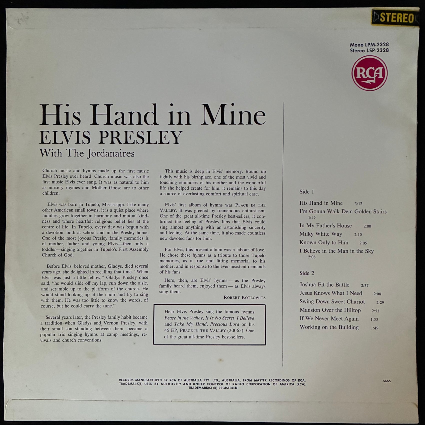 ELVIS PRESLEY - HIS HAND IN MINE (MONO) (USED VINYL 1964 AUS EX/EX)