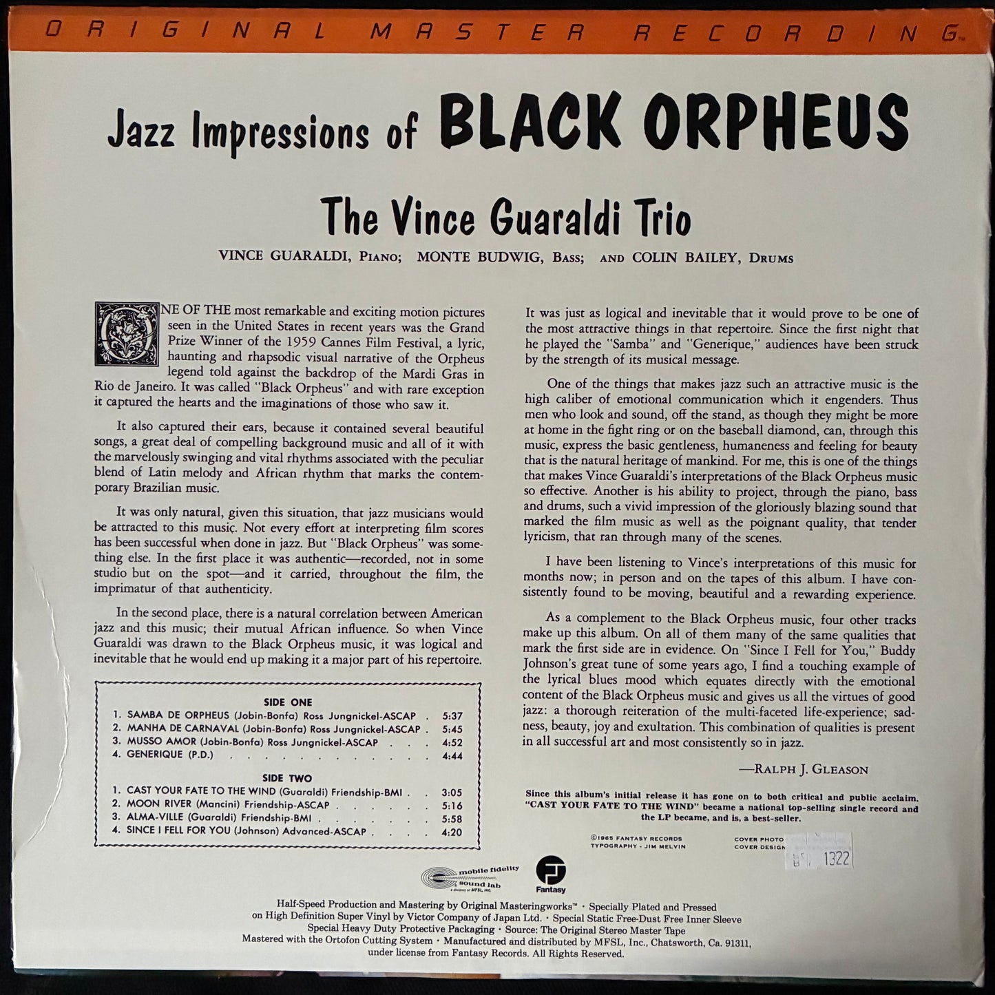 VINCE GUARALDI TRIO - CAST YOUR FATE TO THE WIND (MFSL) (USED VINYL 1983 US M-/EX+)