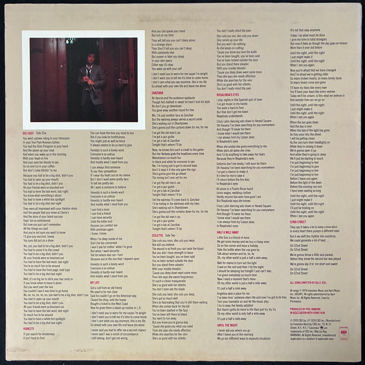 BILLY JOEL - 52ND STREET (USED VINYL 1978 US EX+/EX+)