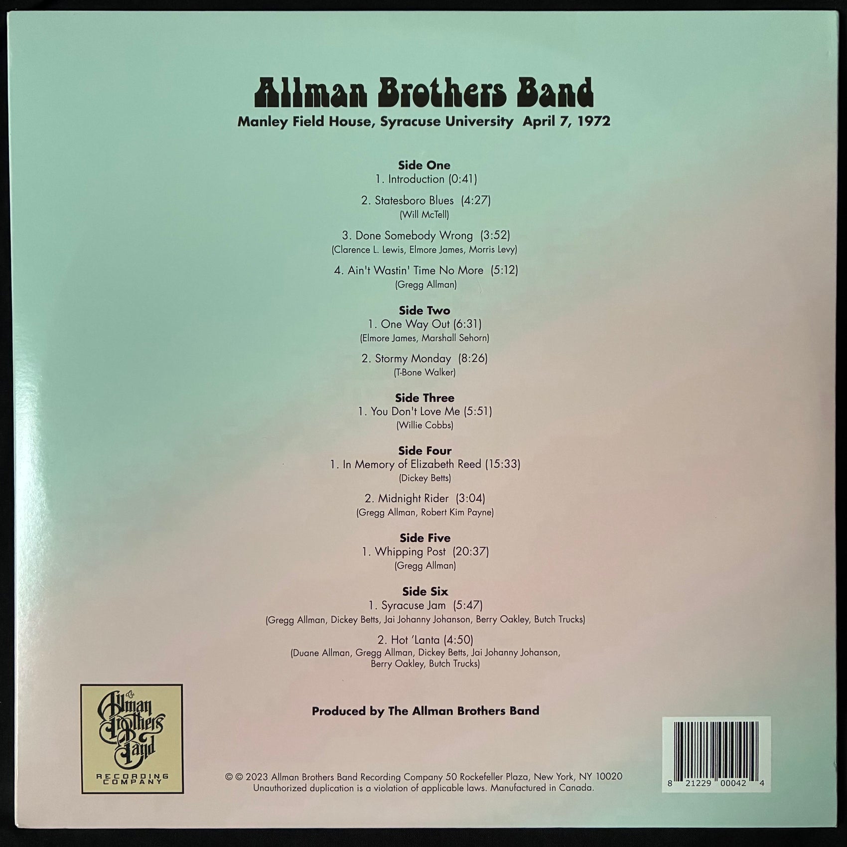 ALLMAN BROTHERS BAND - MANLEY FIELD HOUSE, SYRACUSE UNIVERSITY APRIL 7, 1972 (3LP) (CLEAR SPLATTER VINYL) (USED VINYL 2023 US/CA M-/M-)