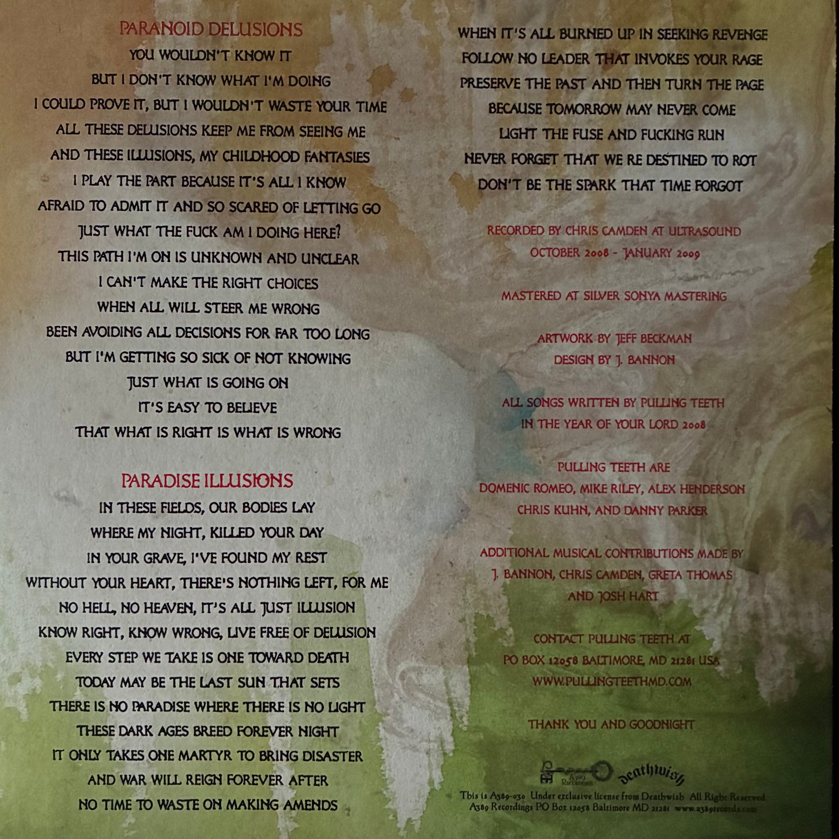 PULLING TEETH - PARANOID DELUSIONS PARADISE DELUSIONS (CLEAR BLUE COLOURED) (USED VINYL 2009 US EX+/EX+)