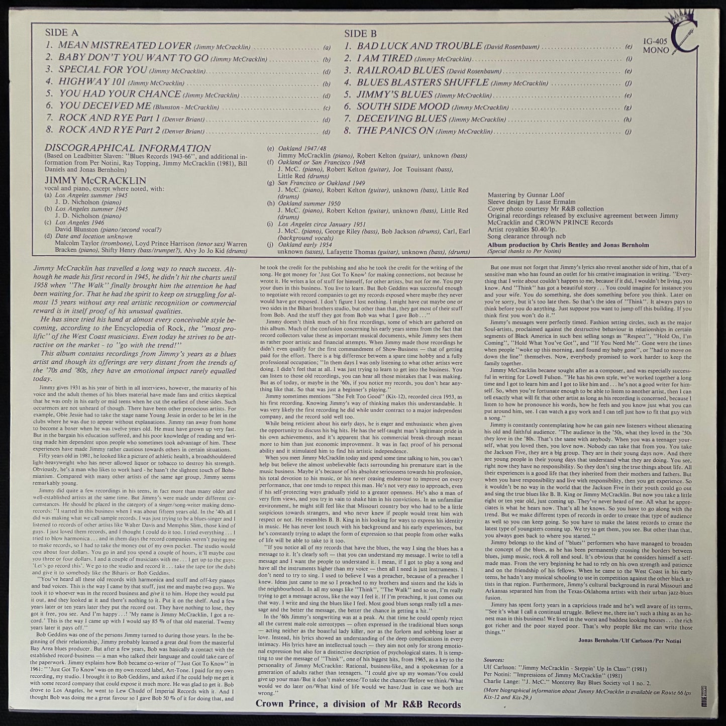 JIMMY MCCRACKLIN - YOU DECEIVED ME (USED VINYL 1985 SWEDEN M-/EX)
