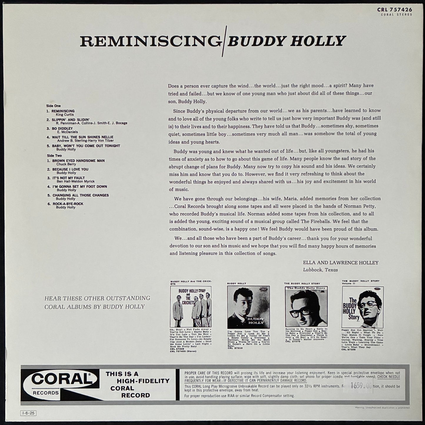 BUDDY HOLLY - REMINISCING (USED VINYL 1985 JAPAN M-/M-)