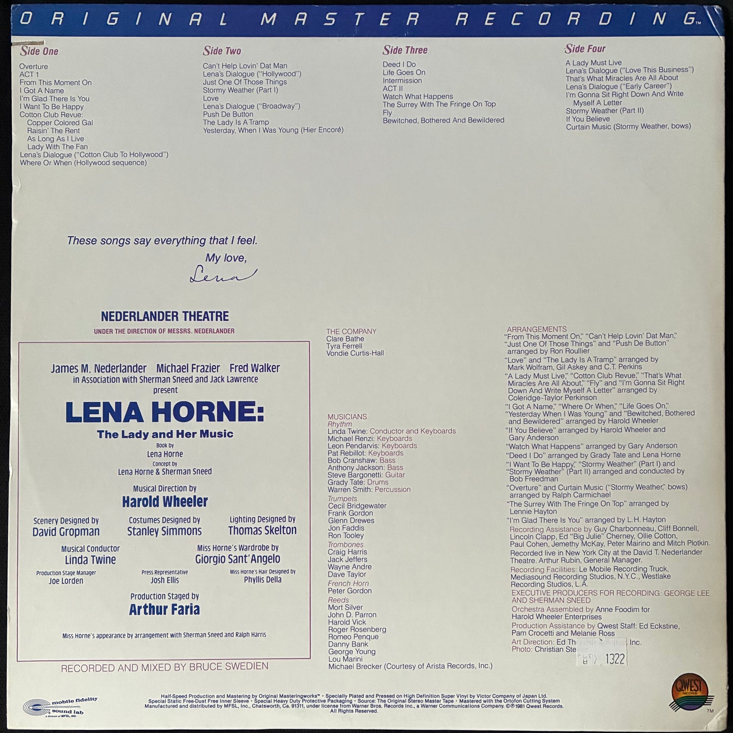 LENA HORNE - THE LADY AND HER MUSIC : LIVE ON BROADWAY (2LP) (MFSL) (USED VINYL 1981 US M-/M-)