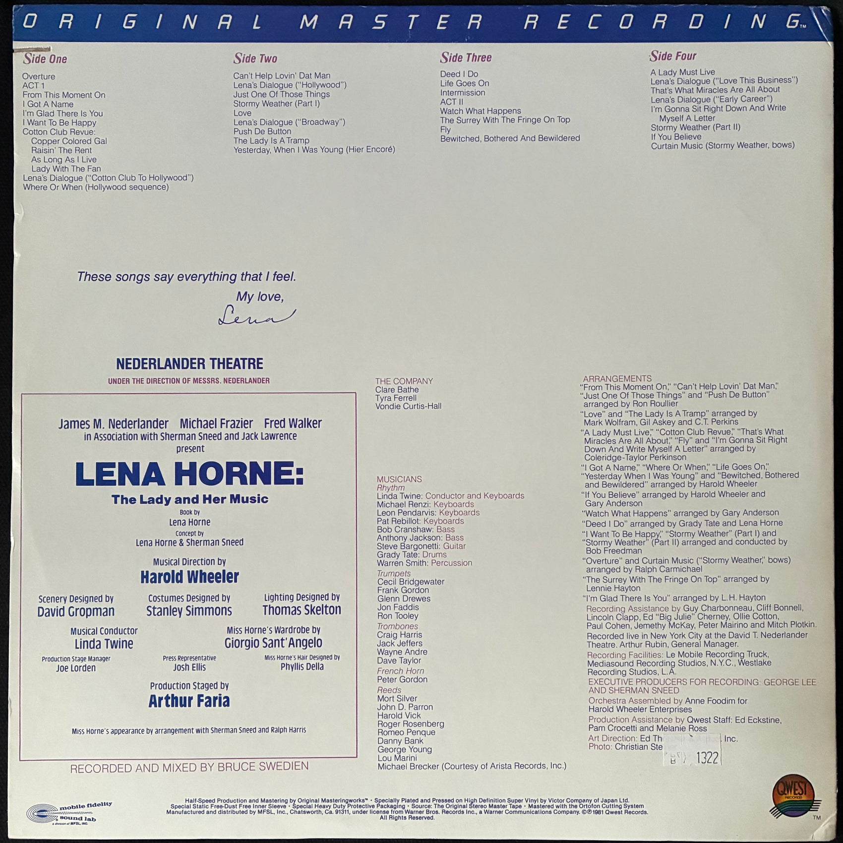 LENA HORNE - THE LADY AND HER MUSIC : LIVE ON BROADWAY (2LP) (MFSL) (USED VINYL 1981 US M-/M-)