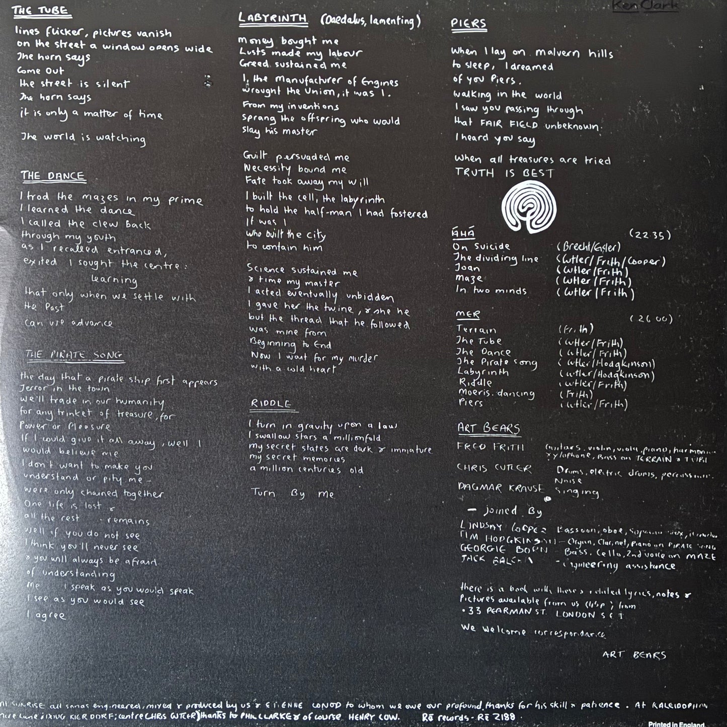ART BEARS - HOPES AND FEARS (FIRST PRESSING) (USED VINYL 1978 UK EX+/EX-)