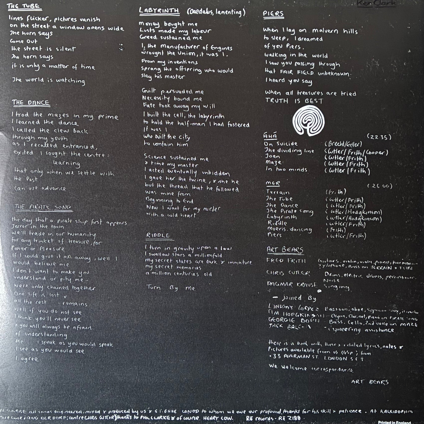 ART BEARS - HOPES AND FEARS (FIRST PRESSING) (USED VINYL 1978 UK EX+/EX-)