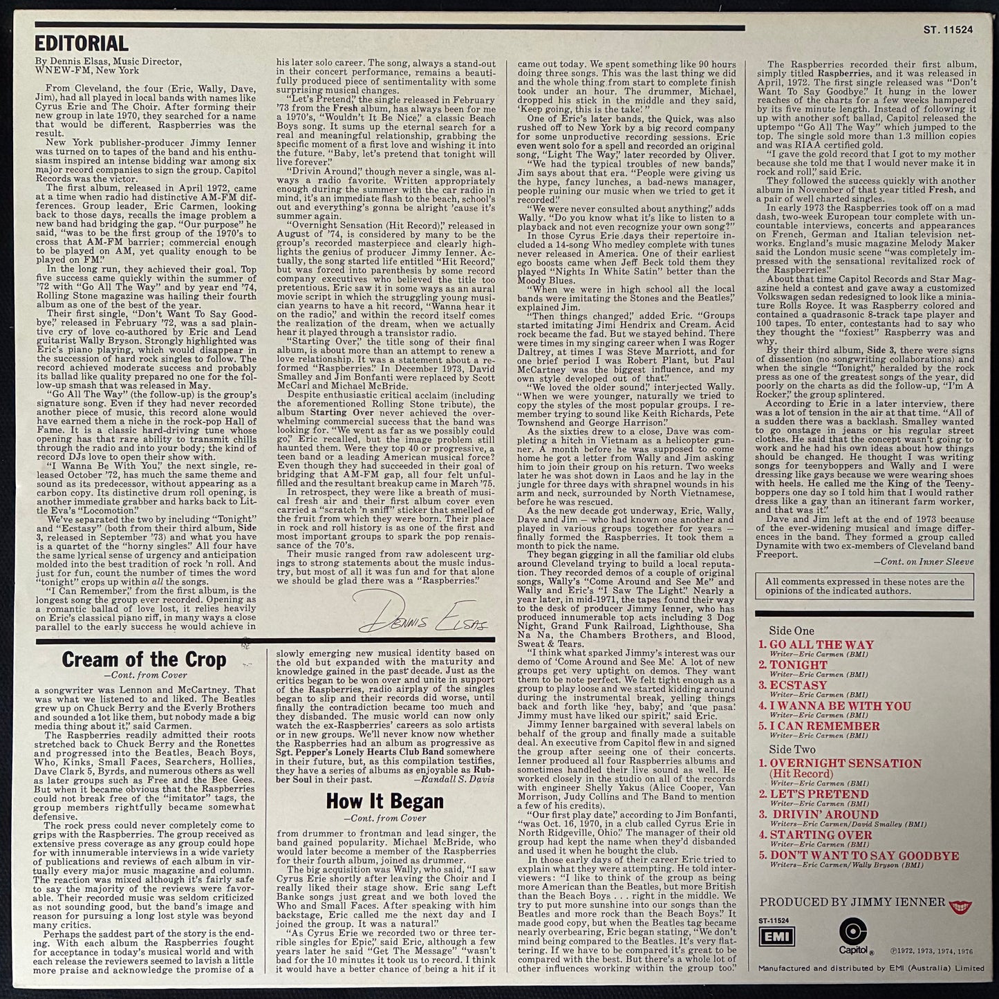 RASPBERRIES - RASPBERRIES' BEST FEAT. ERIC CARMEN (USED VINYL 1976 AUS M-/M-)