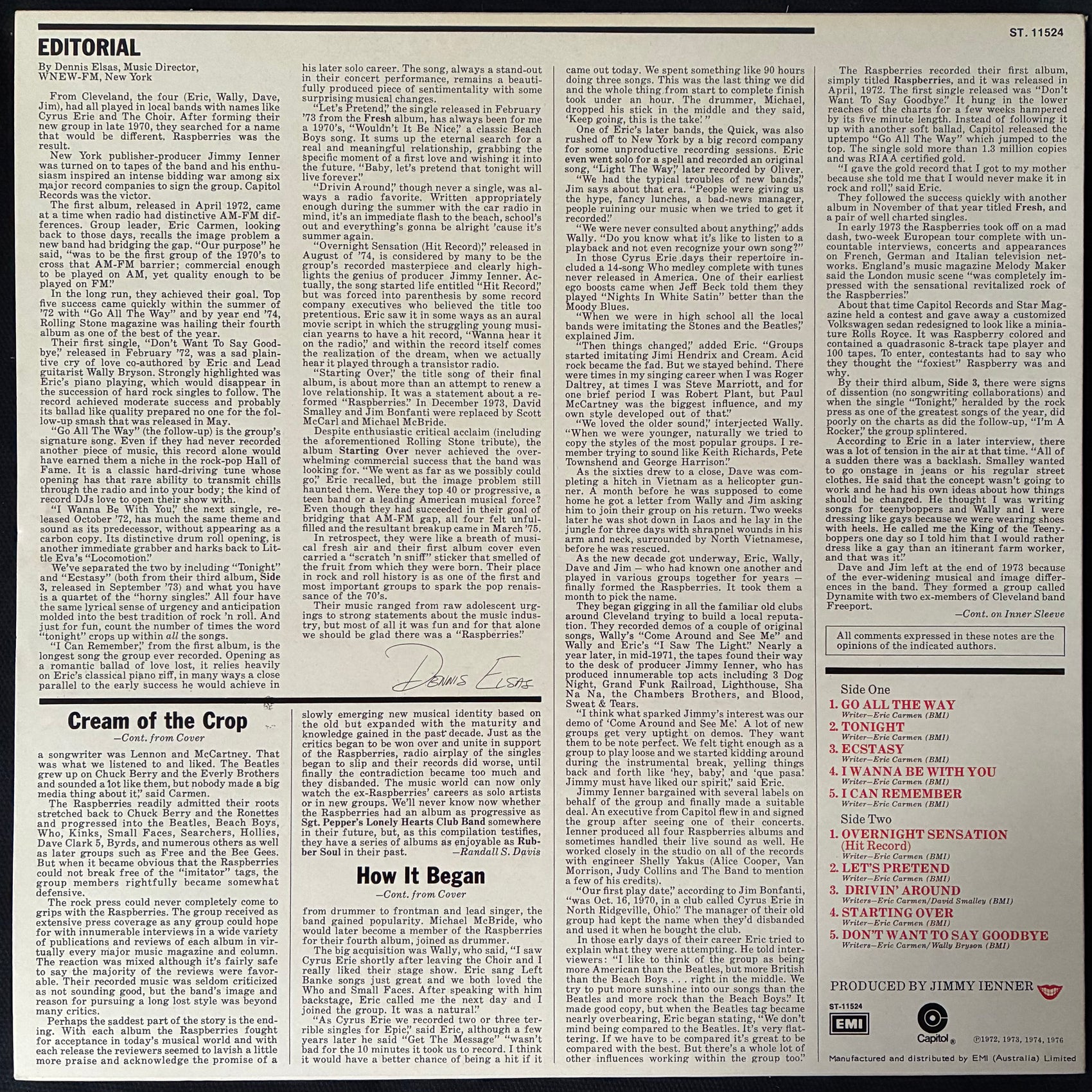 RASPBERRIES - RASPBERRIES' BEST FEAT. ERIC CARMEN (USED VINYL 1976 AUS M-/M-)