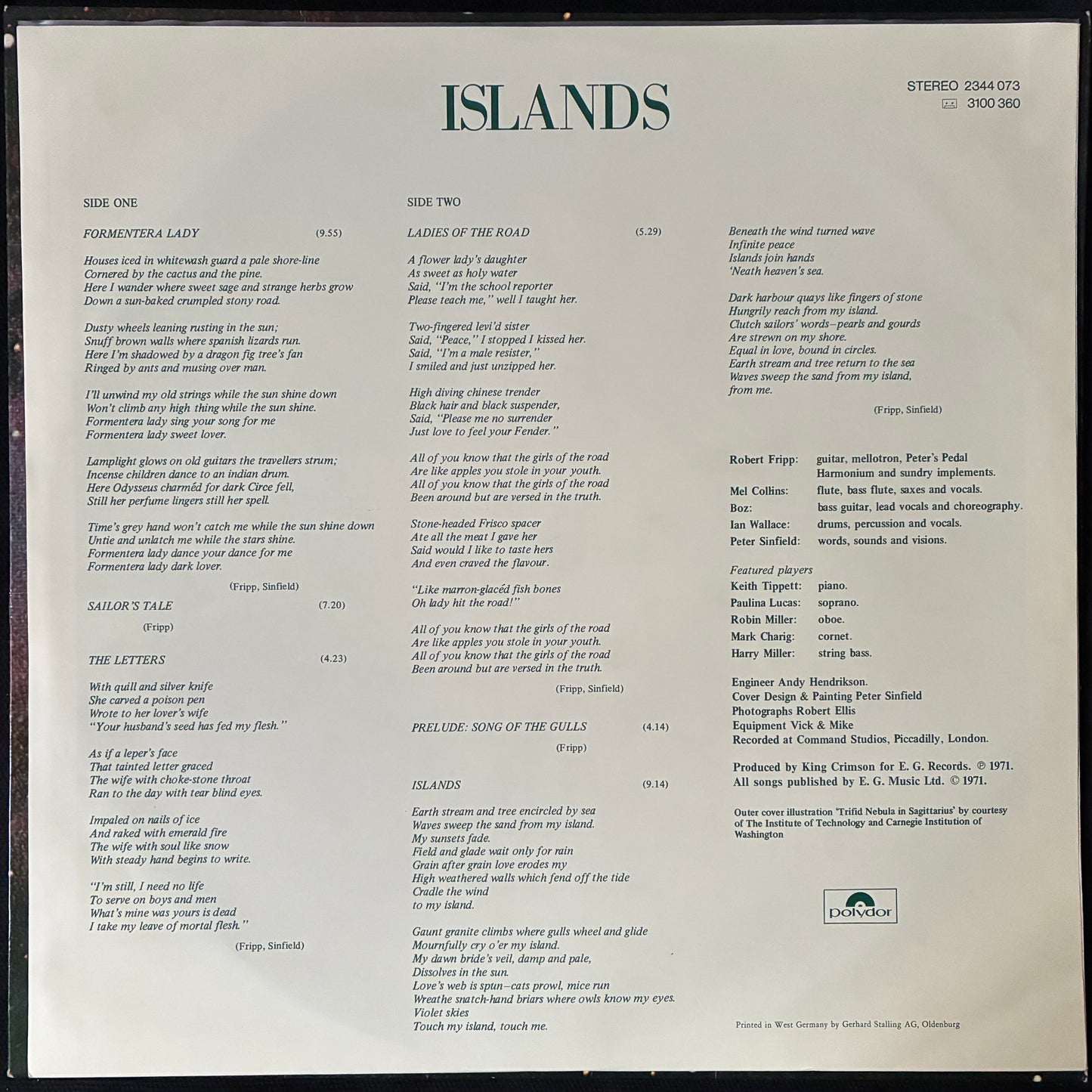 KING CRIMSON - ISLANDS (USED VINYL 1978 GERMANY EX+/EX+)