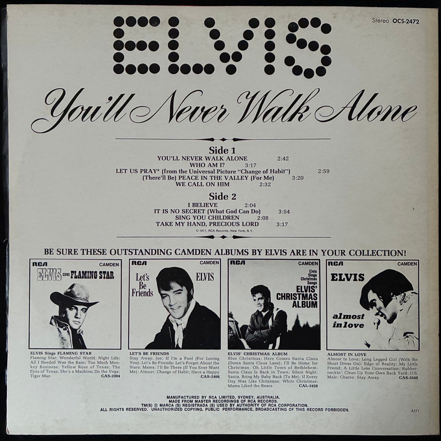 ELVIS PRESLEY - YOU'LL NEVER WALK ALONE (USED VINYL 1971 AUS M-/EX)