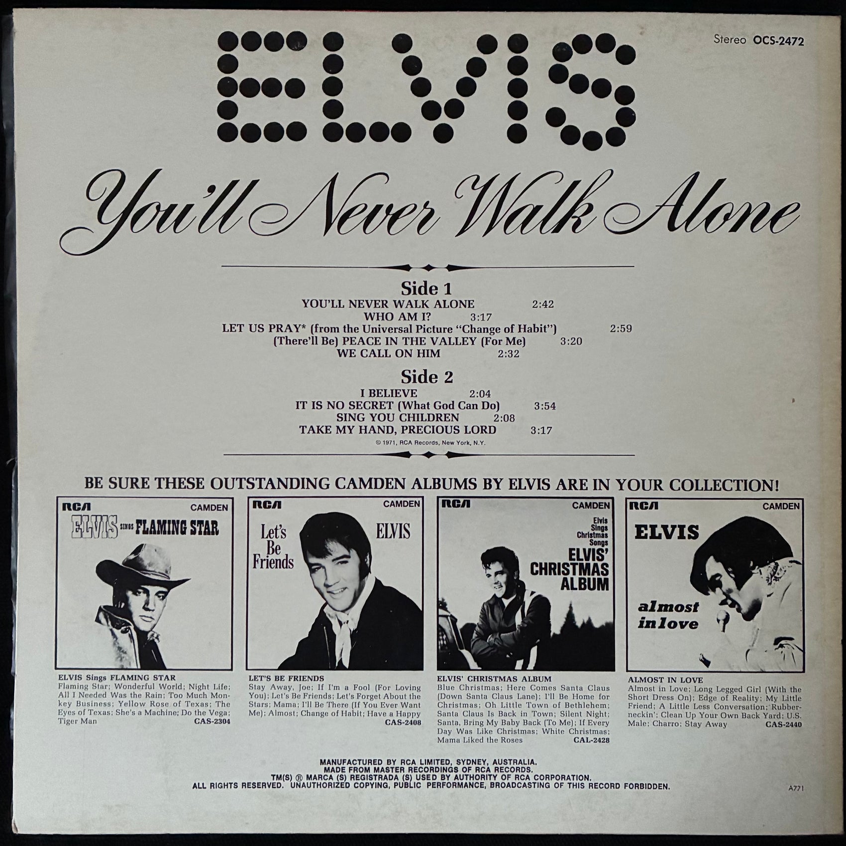 ELVIS PRESLEY - YOU'LL NEVER WALK ALONE (USED VINYL 1971 AUS M-/EX)