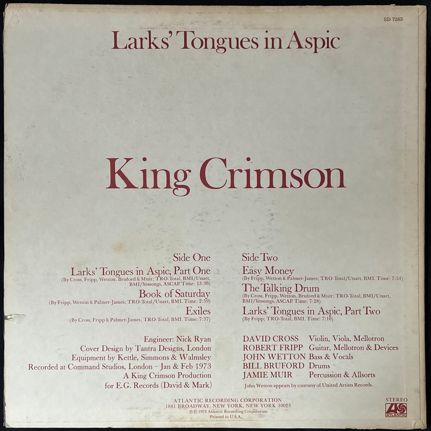 KING CRIMSON - LARKS' TONGUE IN ASPIC (USED VINYL 1973 US EX+/EX-)