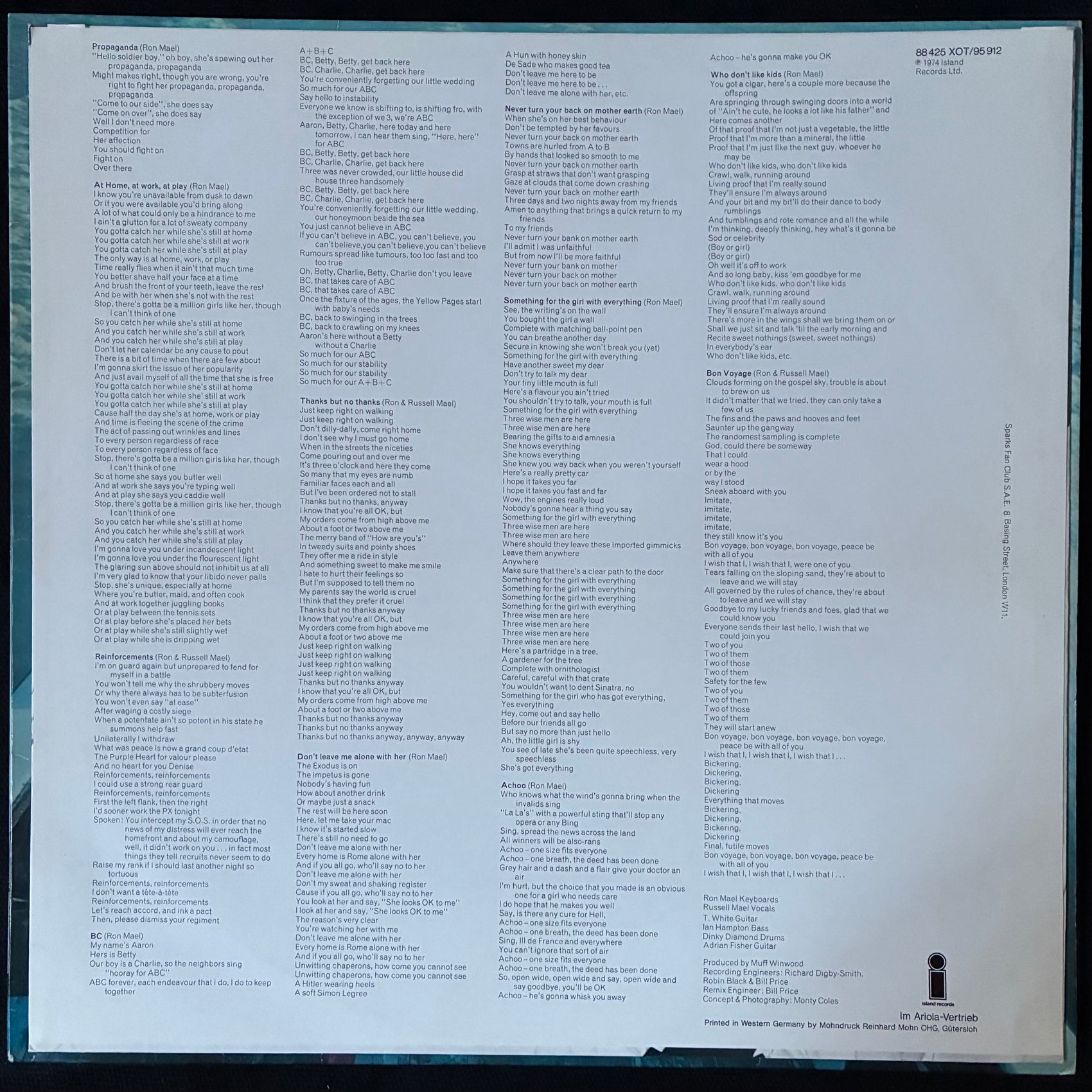 SPARKS - PROPAGANDA (FIRST PRESSING) (USED VINYL 1974 GERMANY EX+/EX+)