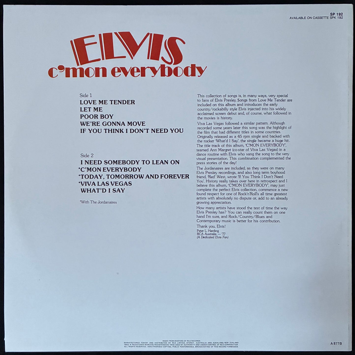 ELVIS PRESLEY - C'MON EVERYBODY (USED VINYL 1977 AUS M-/M-)