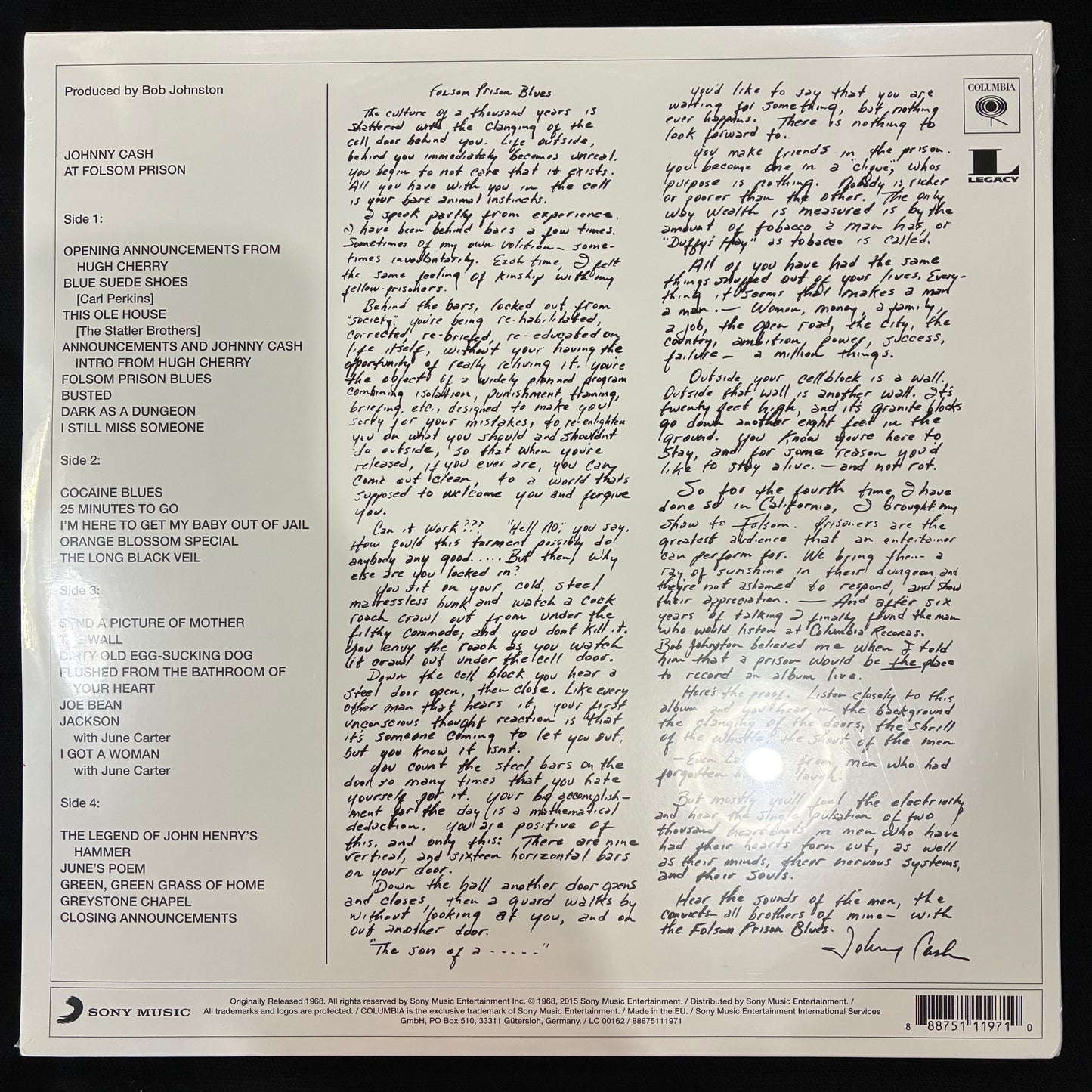 JOHNNY CASH - AT FOLSOM PRISON (2LP) VINYL