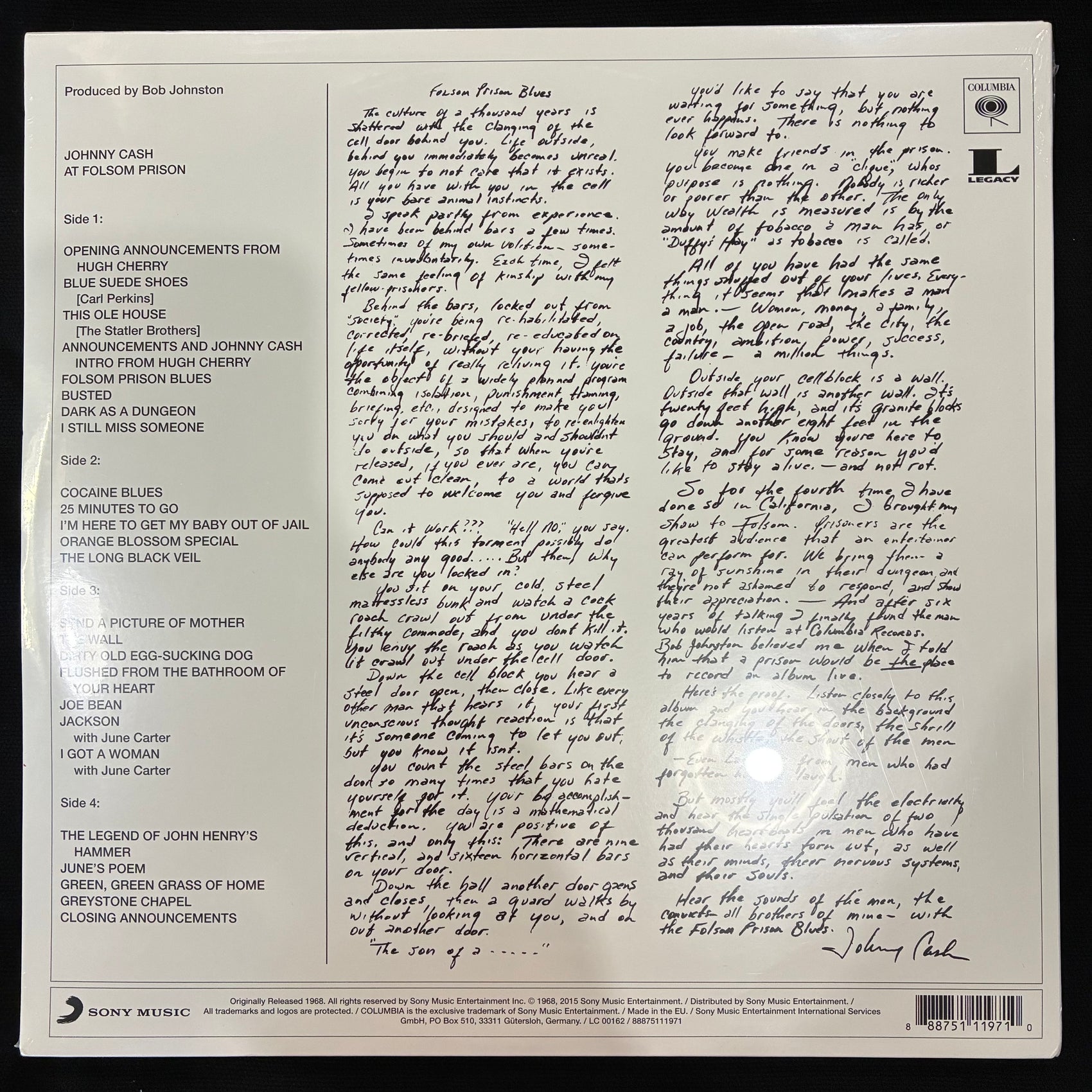 JOHNNY CASH - AT FOLSOM PRISON (2LP) VINYL