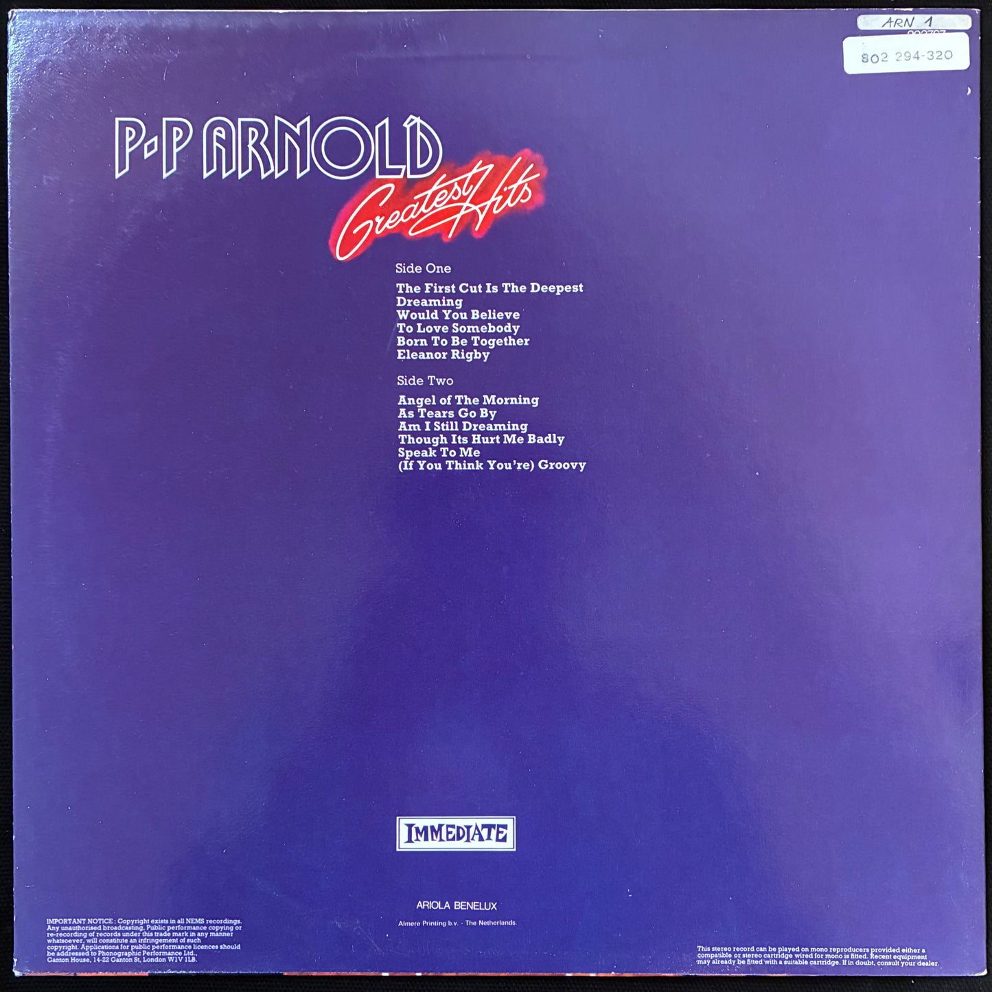 P.P. ARNOLD - GREATEST HITS (USED VINYL 1972 NETHERLANDS M-/EX+)