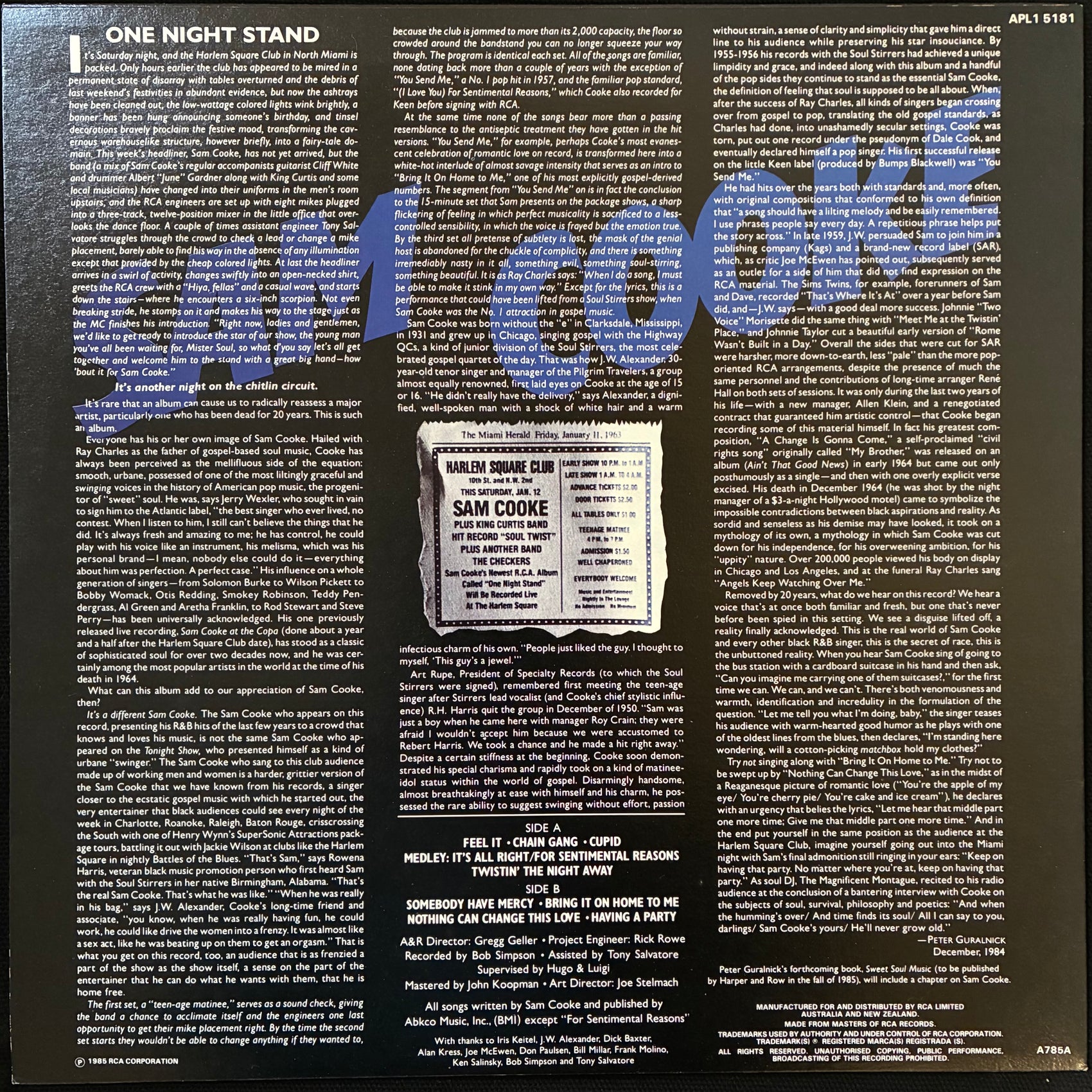 SAM COOKE - LIVE AT THE HARLEM SQUARE CLUB, 1963 (USED VINYL 1985 AUS M-/M-)
