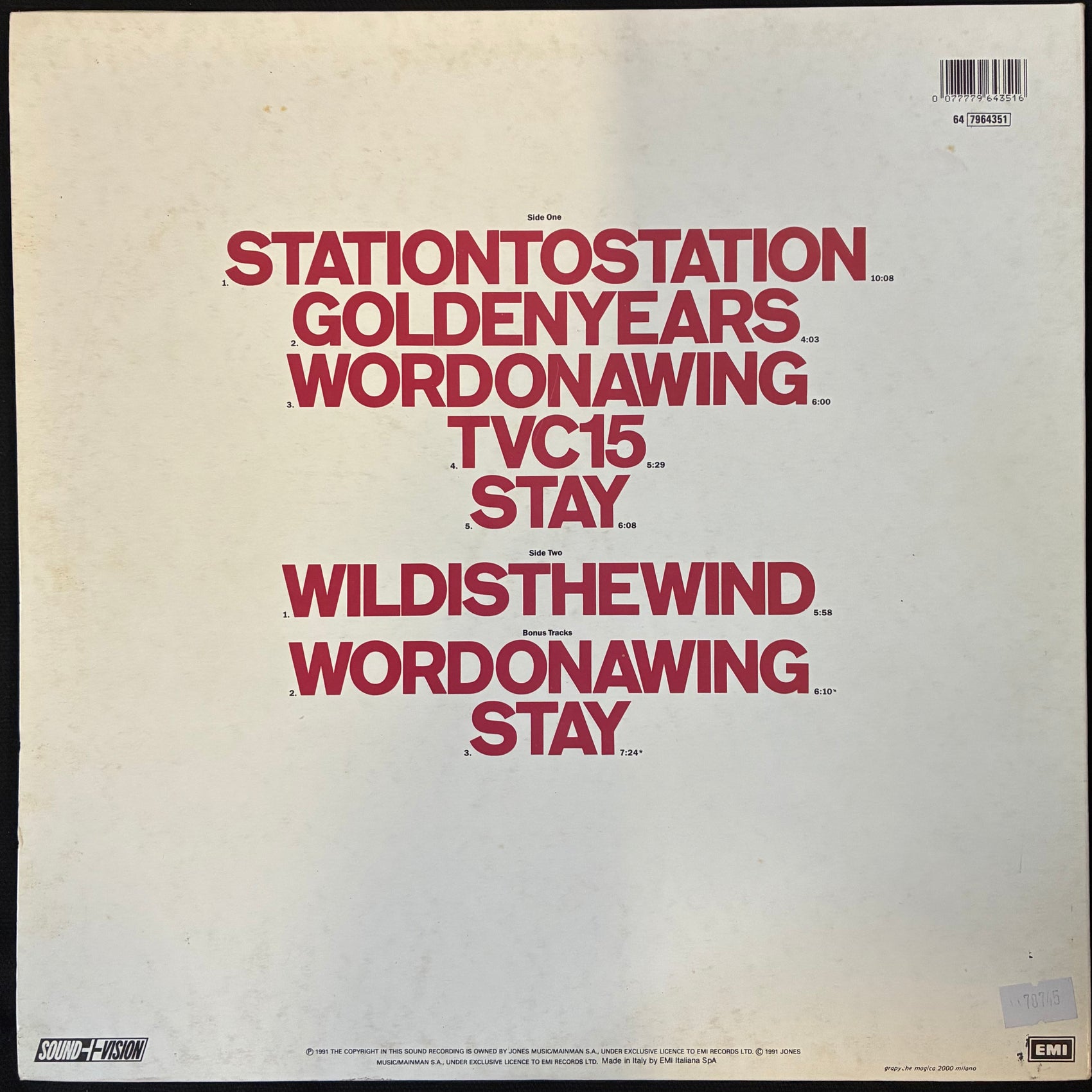 DAVID BOWIE - STATION TO STATION (USED VINYL 1991 ITALY M-/EX)