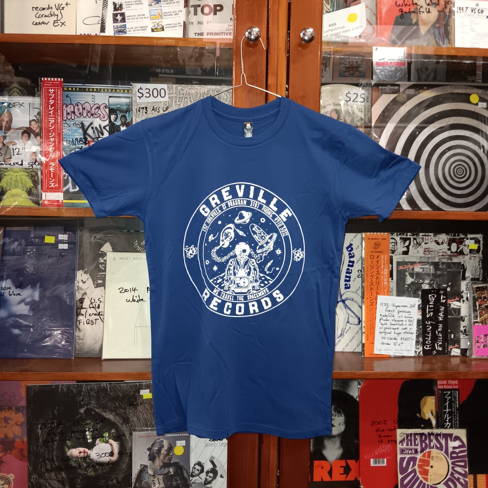 GREVILLE RECORDS LOGO T-SHIRT (WHITE PRINT ON BLUE T-SHIRT)