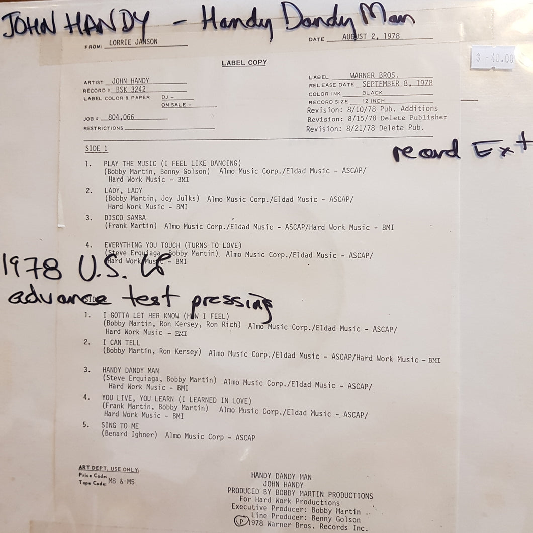 JOHN HANDY - HANDY DANDY MAN (USED VINYL 1978 US EX+)