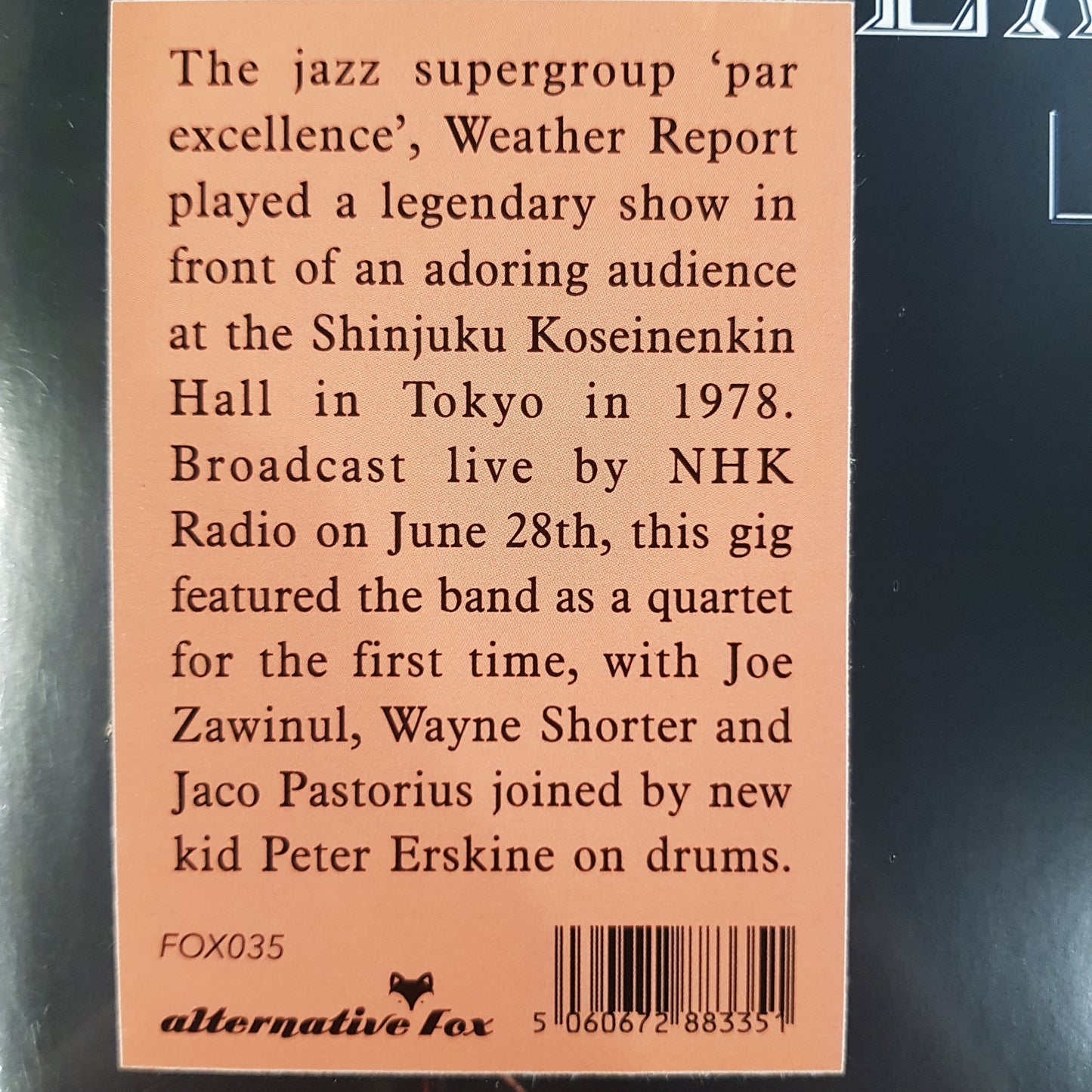 WEATHER REPORT - LIVE AT KOSEINENKIN HALL, TOKYO, 28TH OF JUNE 1978 (2LP) VINYL