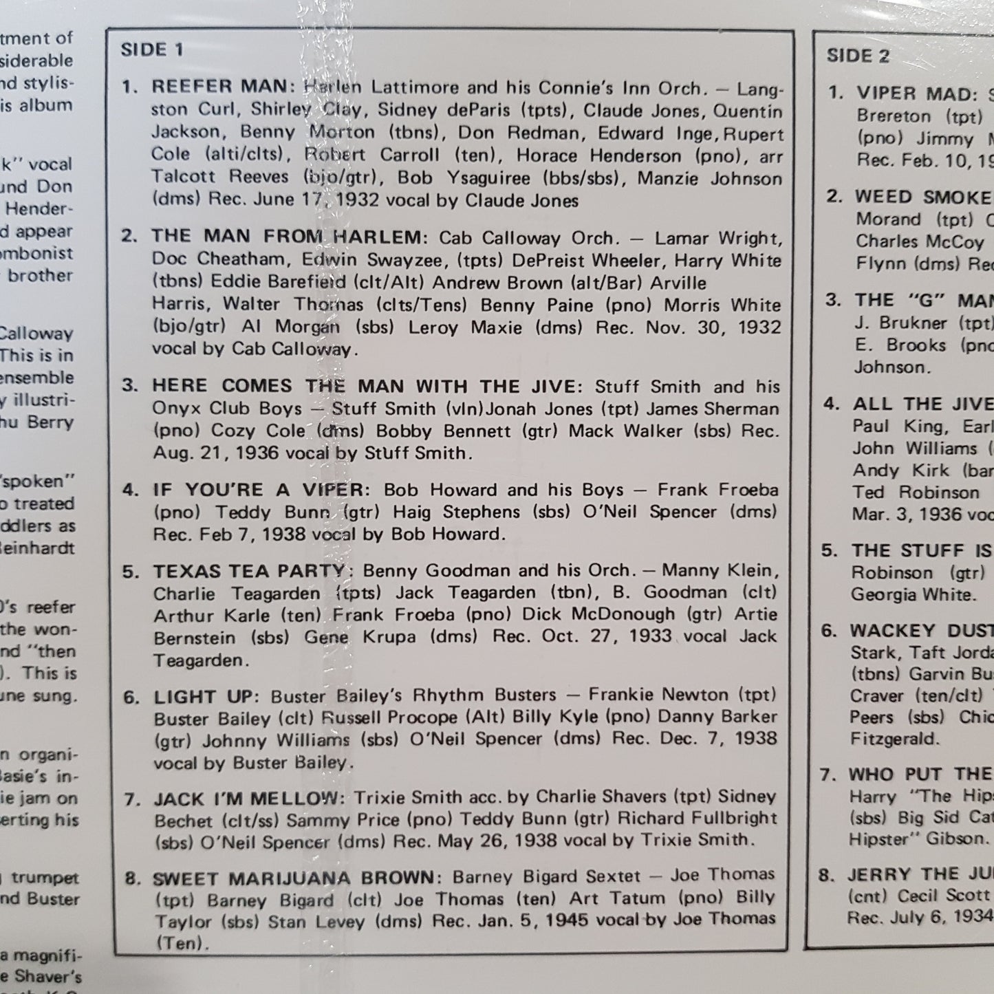 VARIOUS ARTISTS - REEFER SONGS: 16 ORIGINAL JAZZ CLASSICS VINYL