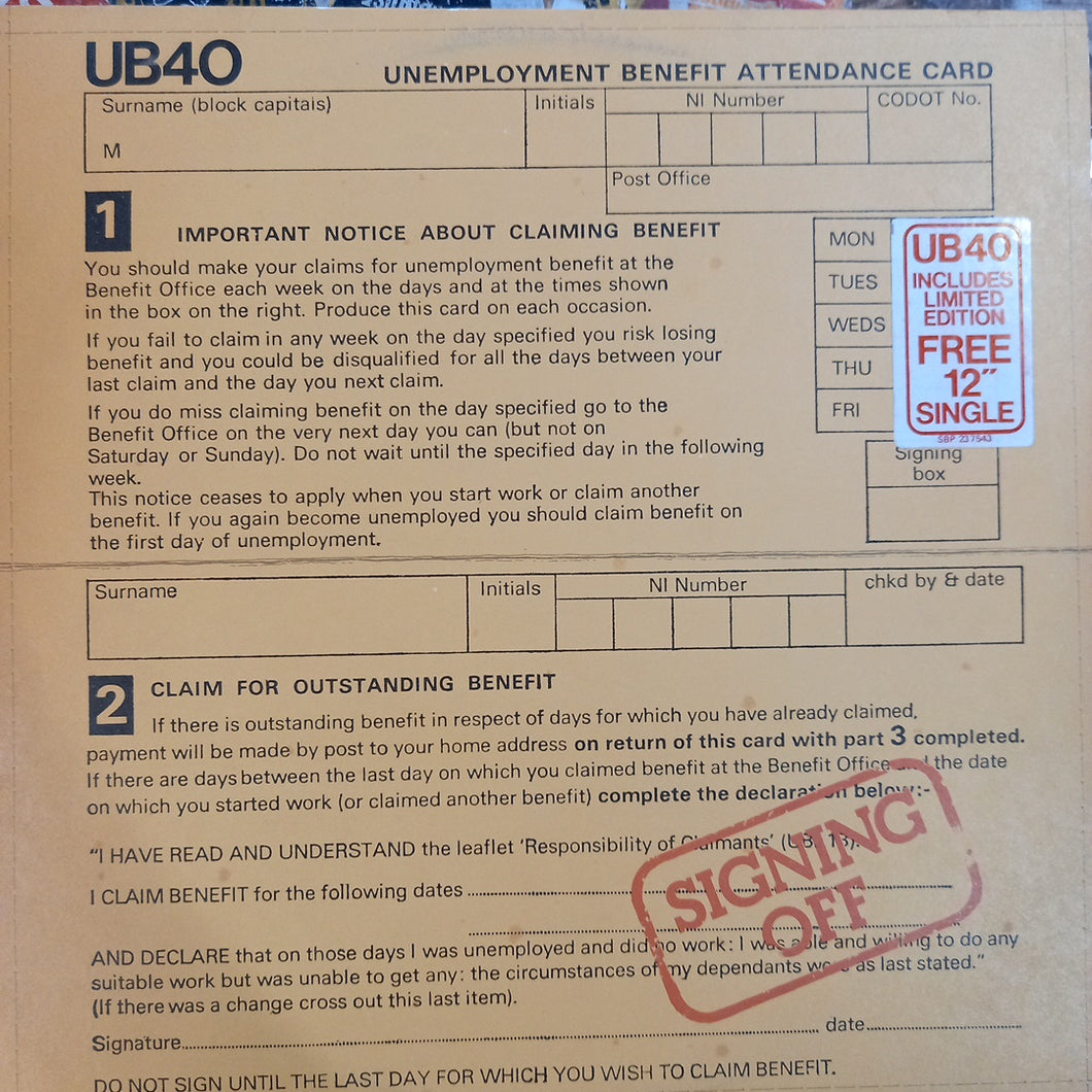 UB40 - SIHNING OFF (USED VINYL 1980 AUS LP+12
