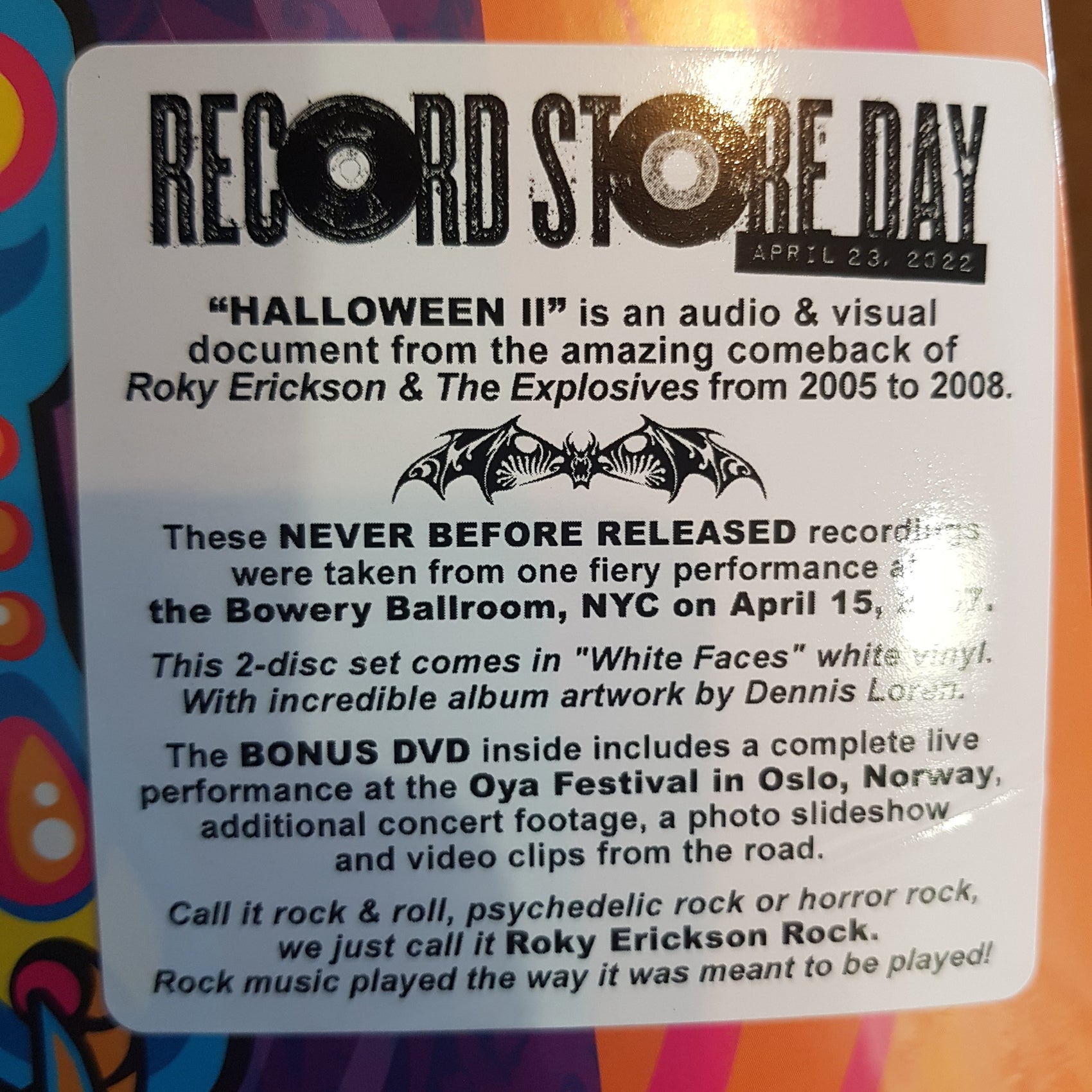 ROKY ERICKSON AND THE EXPLOSIVES - HALLOWEEN II: LIVE 2007 (2LP+ BONUS DVD) VINYL RSD 2022