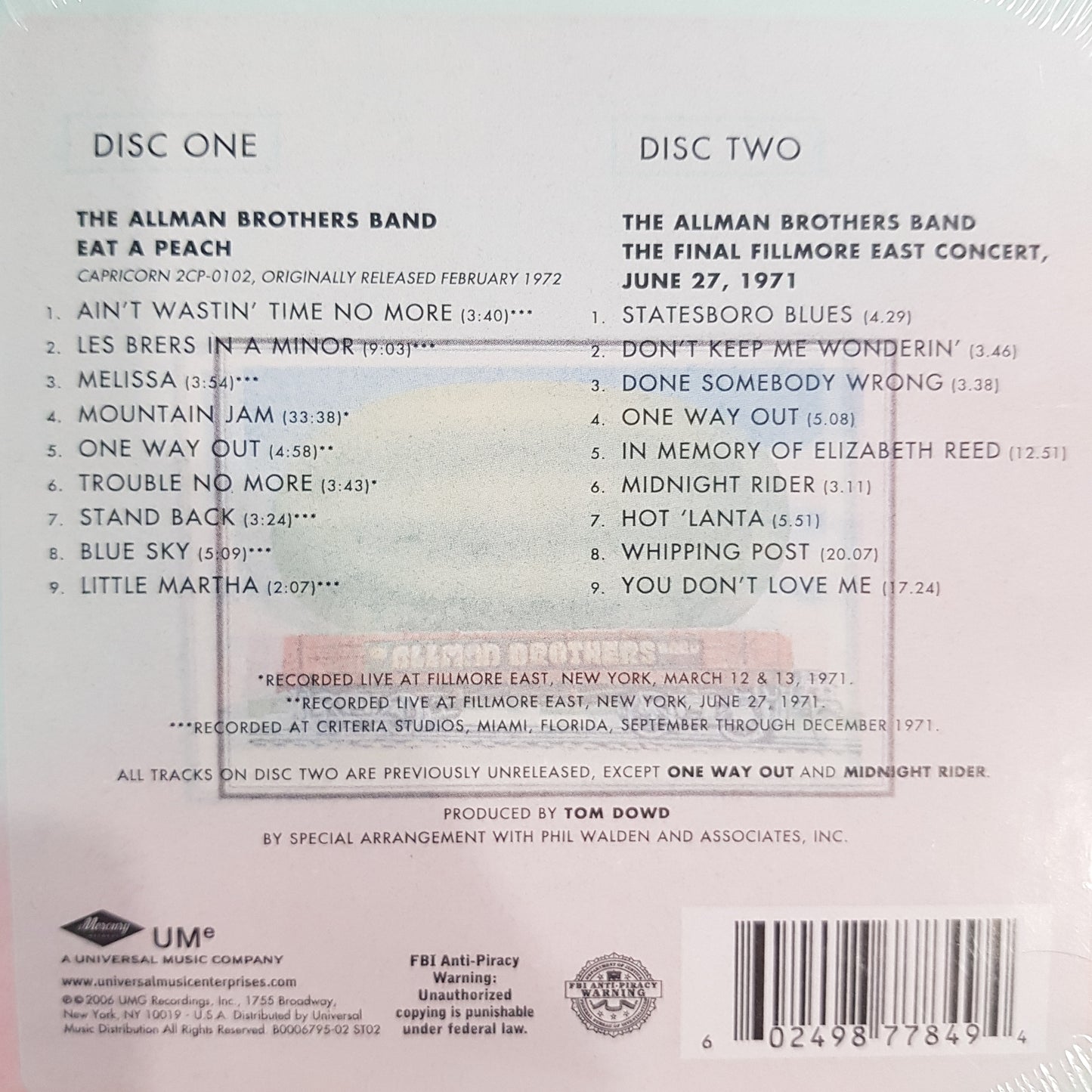 ALLMAN BROTHERS BAND - EAT A PEACH (2CD)