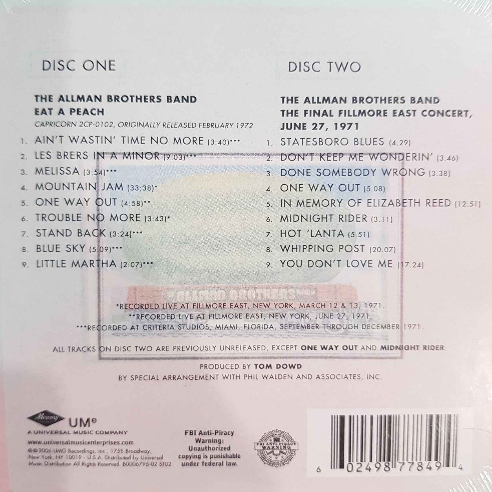 ALLMAN BROTHERS BAND - EAT A PEACH (2CD)