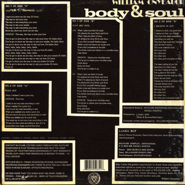 WILLIAM ONYEABOR - BODY & SOUL VINYL
