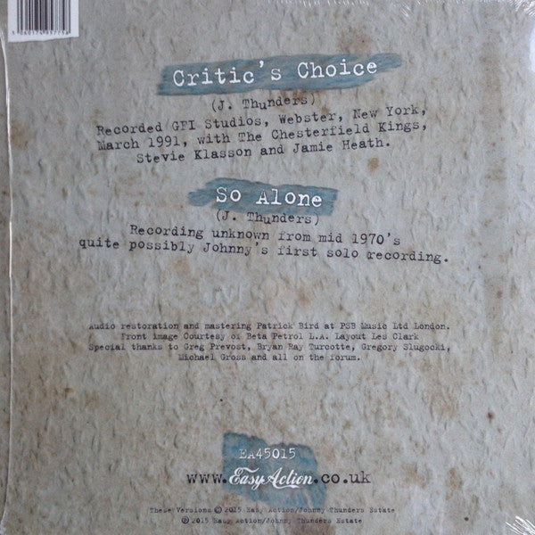 JOHNNY THUNDERS - CRITIC'S CHOICE (10" BLUE COLOURED SINGLE) VINYL