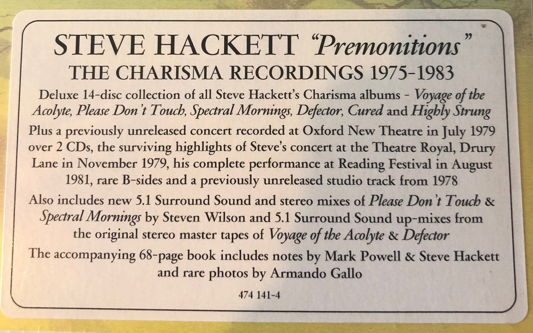 STEVE HACKETT - PREMONITIONS: THE CHARISMA RECORDINGS 1975 - 1983 (14 x CD) BOX SET