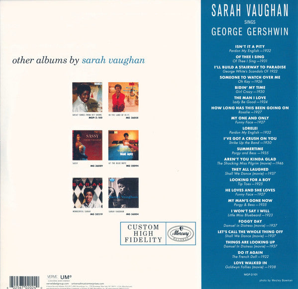 SARAH VAUGHAN WITH HAL MOONEY & HIS ORCHESTRA - SARAH VAUGHAN SINGS GEORGE GERSHWIN (2LP) VINYL
